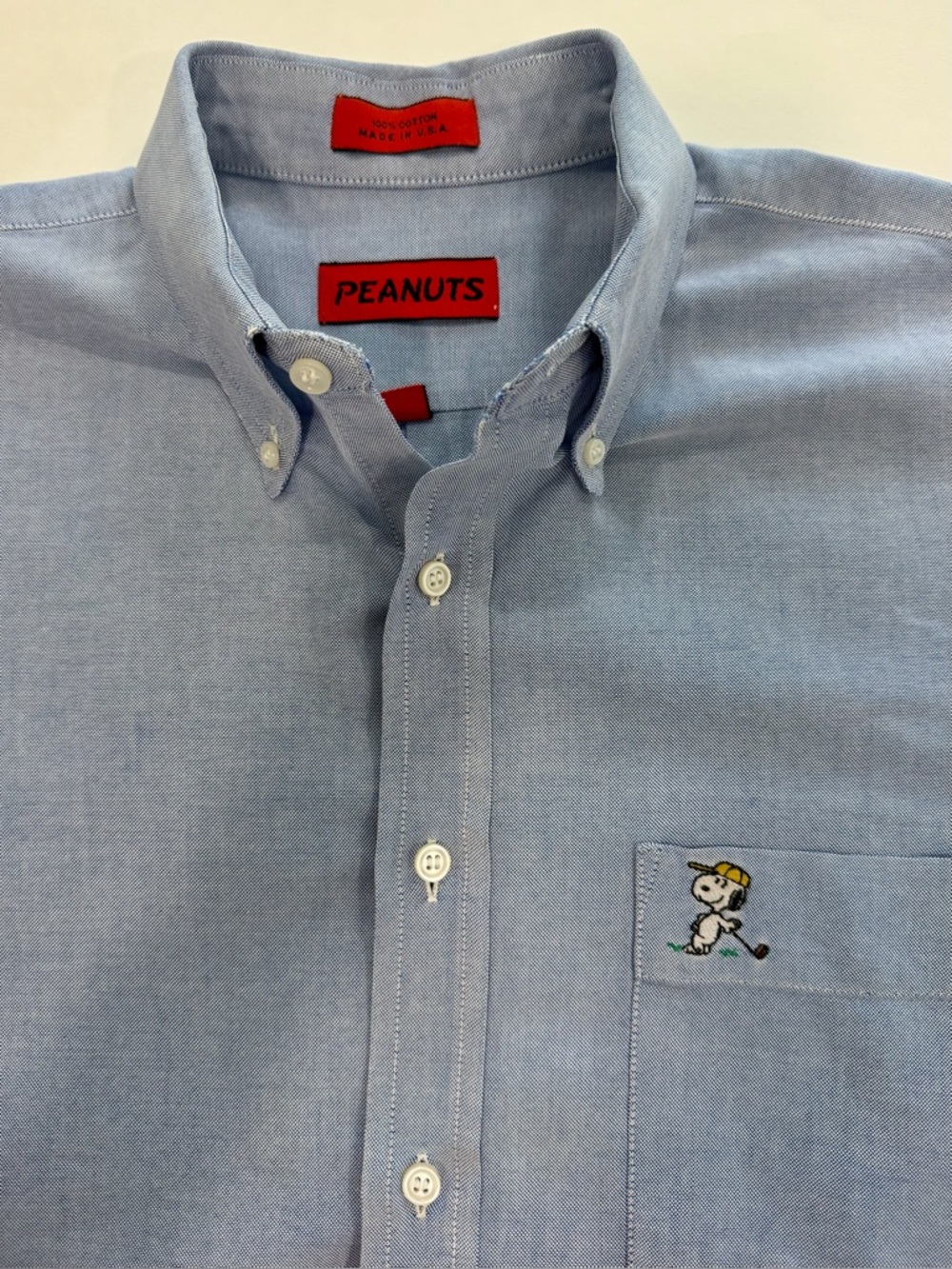VNTG Peanuts GOLF SNOOPY Long Sleeve Button Down Blue Dress Shirt (16.5 x 34/35)